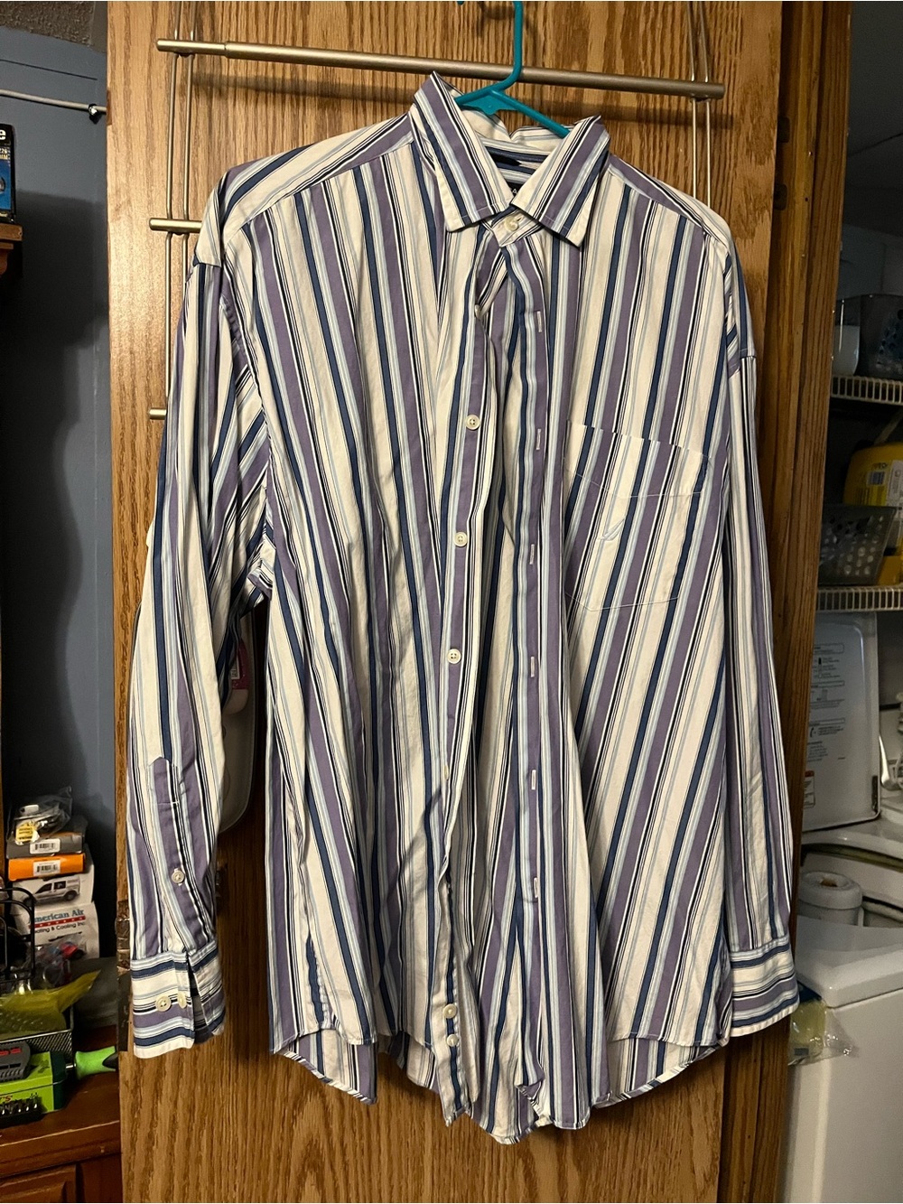 Nautica White, Blue & Purple Vertical Stripe Button-Down Shirt